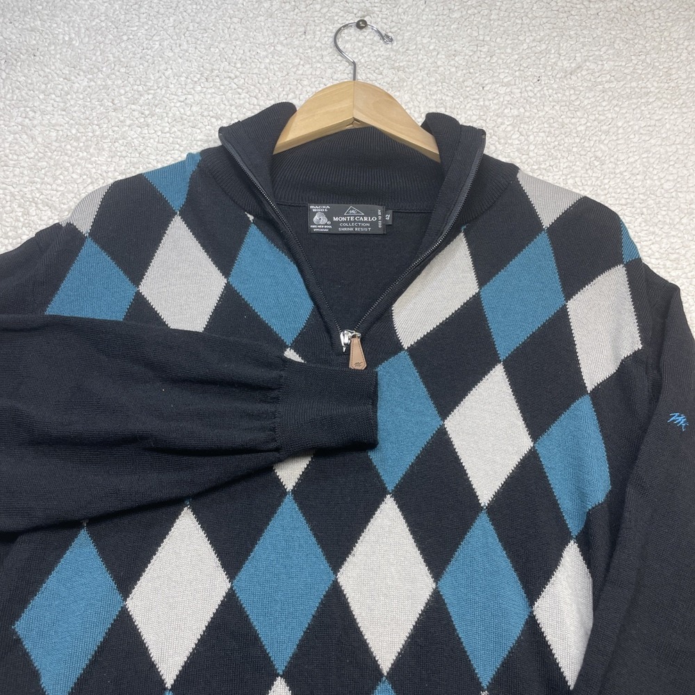 Monte Carlo Sweater Mens 42 Black Argyle Quarter Zip Wool Mock Neck Pullover